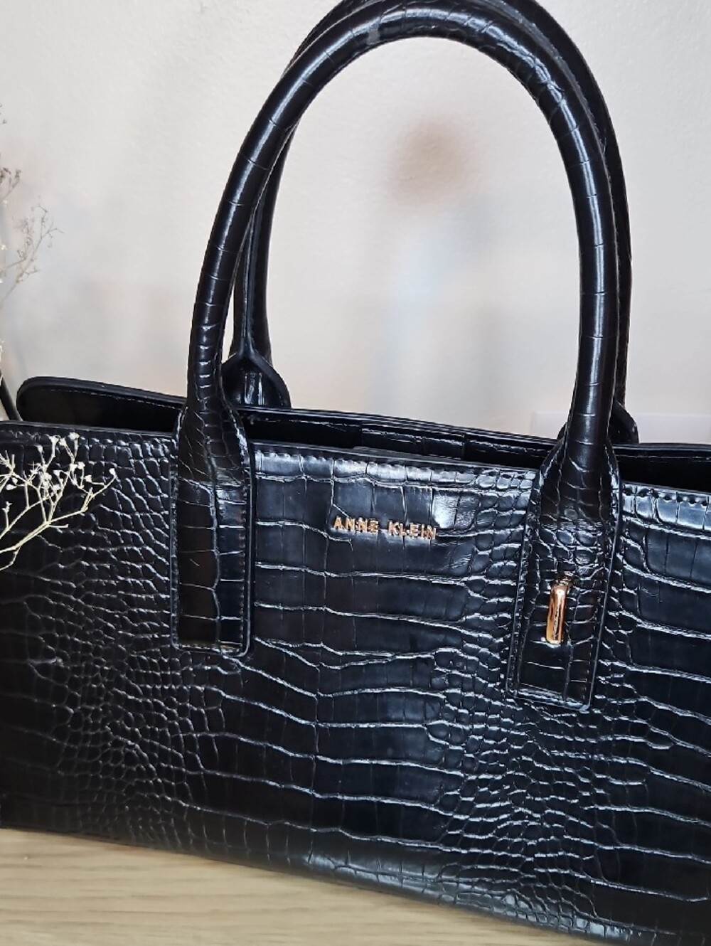 Anne Klein Black Croc-Embossed Satchel with Gold Hardware - Picture 2 of 7